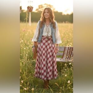 DRA LOS ANGELES Plaid Red and White midi Skirt size medium